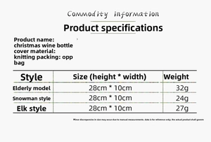 Size chart showing knitted Christmas wine bottle covers in Santa, Snowman, and Reindeer styles