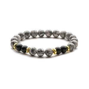 Beaded bracelet with marble tiger eye stones, matte black beads and golden spacers