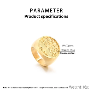 Detail of 23mm vintage gold Tree of Life signet ring with weight specifications