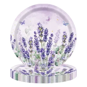 Lavender themed disposable party plates set with floral eucalyptus and butterfly design