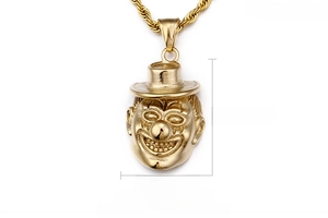 Detail of 18K gold plated clown pendant with 32mm height and 23mm width measurements