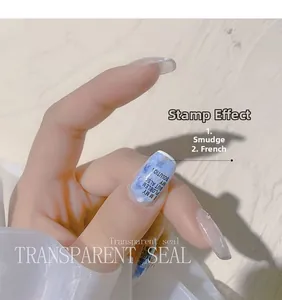Macro detail of transparent nail stamper showing marbled and French tip effects