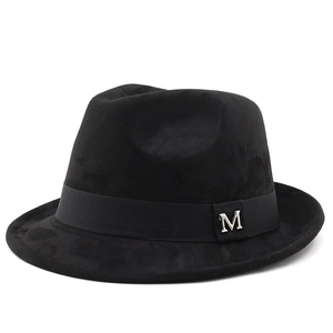 Classic black suede fedora hat with elegant grosgrain ribbon and silver metal M detail