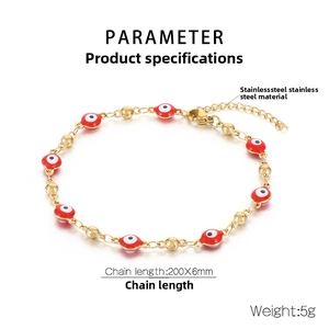 Detail of gold stainless steel evil eye bracelet showing dimensions 200x6mm and 5g weight