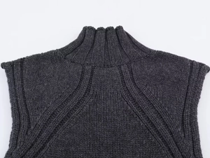 Detail view of charcoal grey knit wool blend top showing ribbed mock neck and shoulder seams