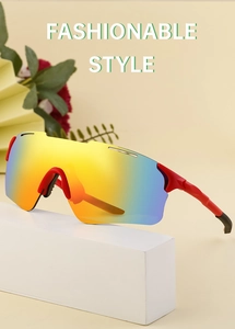 Detail of red sports sunglasses with colorful mirrored lenses on a white geometric stand
