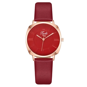 Elegant Tadi square women's watch with red dial and leather strap in rose gold finish