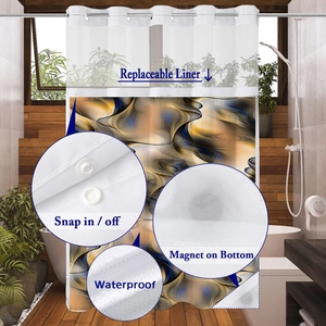 Detail showing waterproof shower curtain with snap-in liner and magnetic weighted hem
