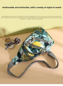 Detail of colorful nylon crossbody bag with leopard print and multi-zip compartments