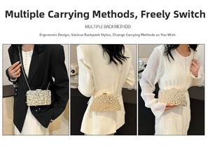 Detail of metallic gold evening clutch bag with chain strap and pleated texture finish