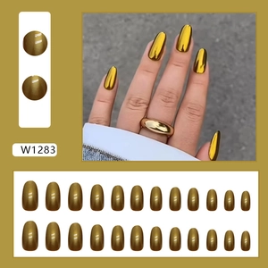Metallic gold mirror press-on nails in oval shape with 24-piece full set for women