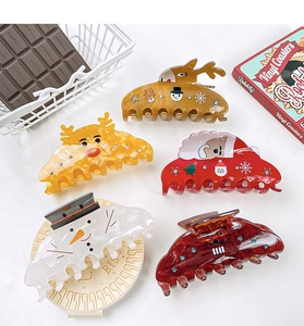Detailed view of Christmas themed hair claws featuring reindeer, snowman and Santa Claus