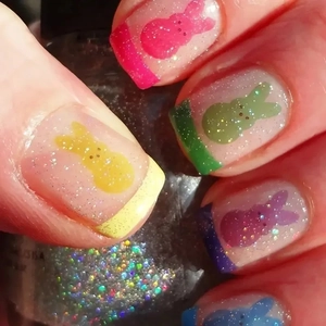 Easter short french press-on nails with colorful glitter bunny designs for women