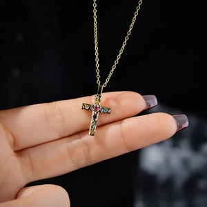 S925 Sterling Silver Cross Necklace with Colorful Zircon Stones and Hammered Texture