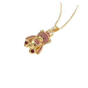 Goldene Bärenkette mit rosa Strasssteinen und roten Herzsteinen an Goldkette