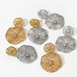 Minimalist stainless steel hollow floral earrings in gold and silver finish on white background
