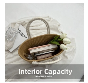 Top view of contrast woven tote bag interior showing large capacity for daily items
