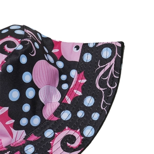 Close-up of seahorse print fabric and precise parallel stitching on summer bucket hat brim