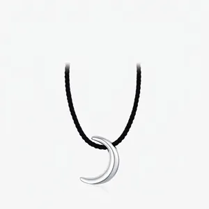 Minimalist Crescent Moon Pendant Necklace 925 Sterling Silver With Adjustable Black Woven Rope Cord For Women