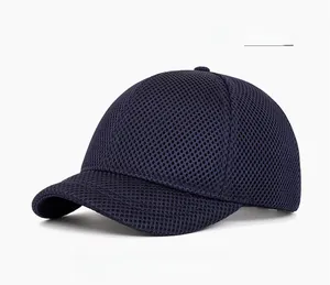 Close-up of navy blue breathable mesh fabric detail on an outdoor sports baseball cap
