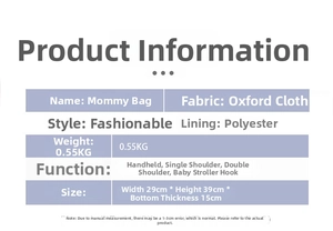 Detailed product size chart and material specifications for Oxford cloth mommy backpack