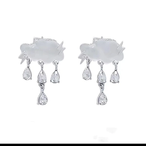 Floating cloud earrings with white enamel and sparkling zircon rain drop pendants