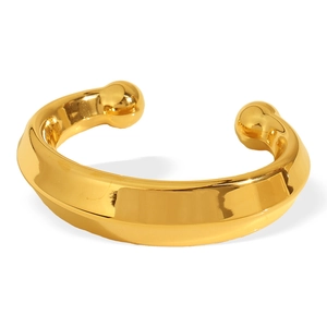 Polished gold minimalist open cuff bracelet with mirror finish on a clean white background