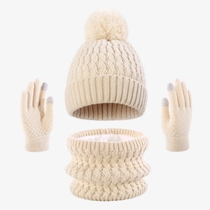 Three-piece winter knit set for kids with pom-pom hat, thick scarf, and touch-screen gloves