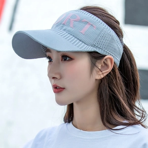 Light blue knitted sun visor hat with pink SPORT embroidery for outdoor athletic use