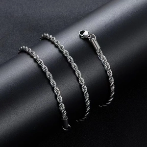 Macro view of a silver twisted rope chain necklace made of durable stainless steel