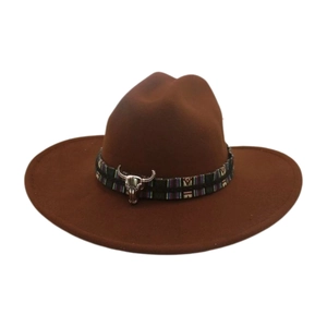 British style wide brim dark brown felt cowboy hat with decorative bull skull band