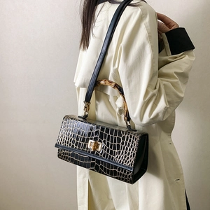 Women Shoulder Bag Crocodile Pattern PU Leather With Bamboo Handle Square Retro Handbag Crossbody Bag Vintage Style