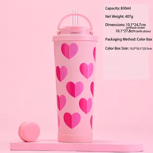 Gobelet rose 830ml en acier inoxydable avec paille, motif cœur et boîte cadeau
