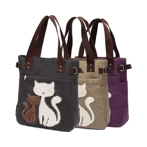 Women Cute Cat Embroidery Canvas Tote Bag Rhinestone Rivet Large Capacity Shoulder Handbag Zipper Casual Fashion
