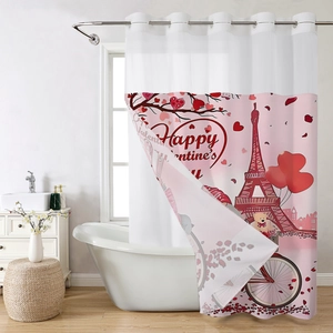 Detail of waterproof waffle shower curtain with Eiffel Tower and pink hearts print