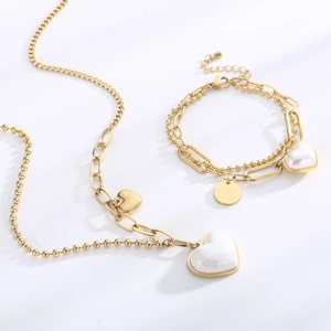 Golden double-layer stainless steel necklace and bracelet set with pearl heart charms
