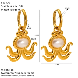 18K gold plated octopus earrings in stainless steel with pearl center and dimensions