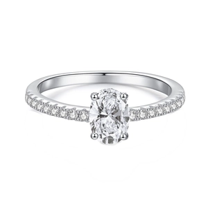 Oval cut moissanite solitaire ring in S925 sterling silver with pavé diamond band