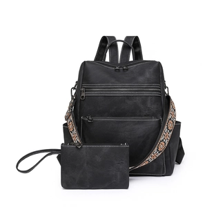 Zaino vintage da donna in pelle PU nera con tracolla etnica e piccola borsa coordinata