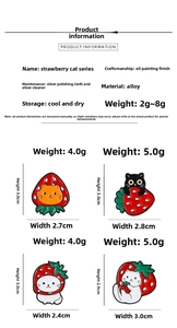 Size chart showing strawberry cat pins with dimensions, weights, and alloy materials
