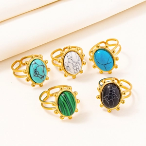 Set of 5 bohemian 304 stainless steel adjustable rings with colorful oval stone inlays