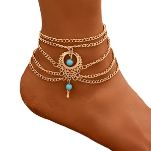 Bohemian gold layered anklet with blue turquoise beads and hollow metal pendant