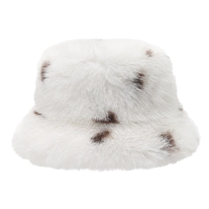 Winter fluffy faux fur bucket hat with brown spots and bohemian style outdoor warmth