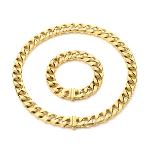 Men's 13mm gold titanium steel Cuban link chain necklace and bracelet set with buckle