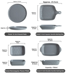 Detailed size specifications for Forest series grey ceramic plates and baking dishes