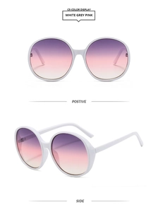 Macro detail of oversized round white frames with grey pink gradient fashion lenses
