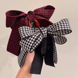 Elegant houndstooth bow banana hair clips in burgundy and black white for high ponytail