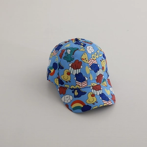 Detailed view of kids sky blue baseball cap with colorful zoo animal prints and curved brim