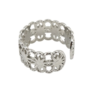 Polished silver stainless steel open ring with continuous hollow daisy flower pattern