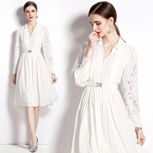 Robe Chemise Midi Blanche À Broderie Ajourée Manches Longues Plissée Trapèze Élégante Polyester Pour Femmes